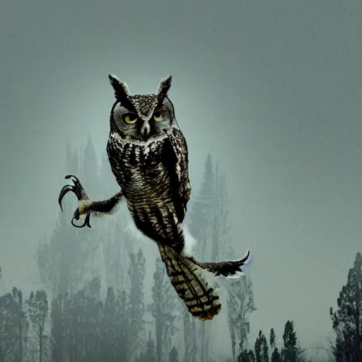 Image similar to huge owl with outstretched wings flapping flying hunting at night through fog talons reaching for prey striking killing a rabbit in the forest lit by the full moon fog moving through feathers