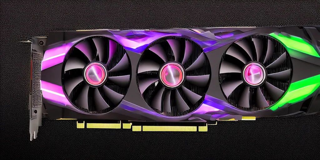 Image similar to product photo of triple wide extra long gtx rtx 4 0 9 0 nvidia gpu graphics card dramatic black background neon lighting