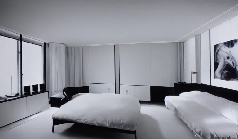 Image similar to A bedroom designed by Zaha Hadid, 35mm film, long shot