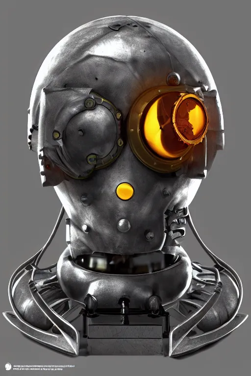 Image similar to steampunk mask minimalist fantasy art robot ninja helmet, global illumination ray tracing hdr fanart arstation by sung choi and eric pfeiffer and gabriel garza and casper konefal radiating a glowing aura