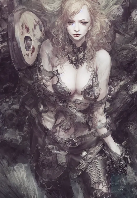 Image similar to christina hendricks!!!!! goth!!!!!, tankoban, 4 k, tone mapping, akihiko yoshida, james jean andrei riabovitchev marc simonetti, yoshitaka amano, long hair, curly, h. hydrochaeri