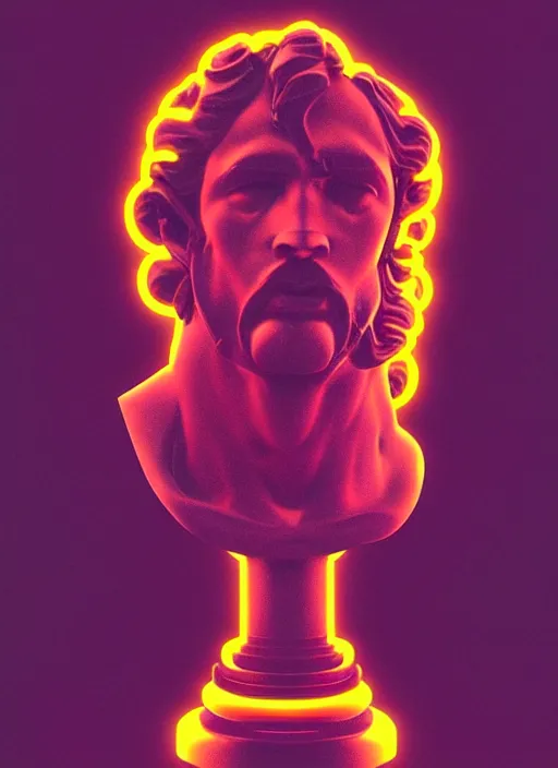 Image similar to bust of hercules, beeple, mike mignola, vaporwave, retrowave, black background, neon wiring, black, glitch, strong contrast, cuts, pinterest, trending on artstation