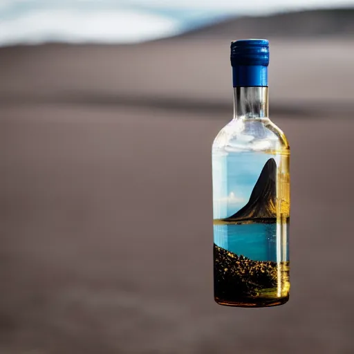 Image similar to symmetrical photo of small bottle standing, volcano background