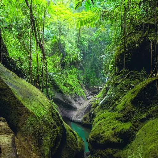 Image similar to a canyon in the middle of a tropical rain forest.