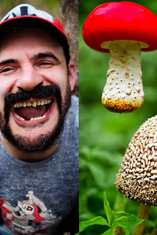 Image similar to photo of real life mario finding a giant amanita muscaria, exhilarated, portrait, closeup. mouth open, 3 0 mm, bokeh