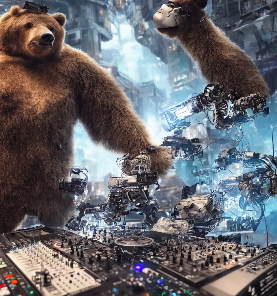 Image similar to an anthropomorphic cyborg grizzly bear dj mixing records on stage, photorealistic, highly detailed, illustration, lifelike, highly detailed, intricate, octane render, sharp focus, cyberpunk,