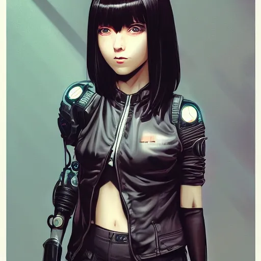 Image similar to A comic potrait of a cyberpunk cyborg girl with big and cute eyes, fine-face, realistic shaded perfect face, fine details. Night setting. Very anime style. Realistic shaded lighting poster by Ilya Kuvshinov katsuhiro, magali villeneuve, artgerm, Jeremy Lipkin and Michael Garmash, Rob Rey and Kentarõ Miura style, trending on art station