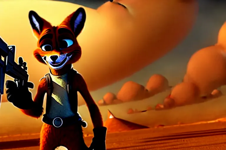 Image similar to nick wilde, heavily armed and armored facing down armageddon in a dark and gritty reboot from the makers of mad max : fury road : witness me