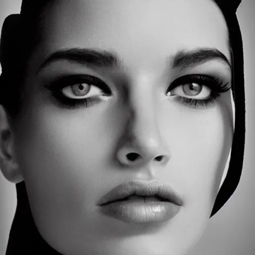 Prompt: black and white vogue extreme closeup portrait by herb ritts of a beautiful female model, high contrast
