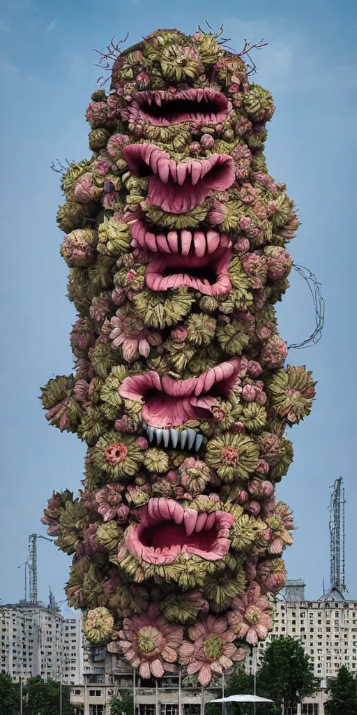 Prompt: colossal grotesque Beelzebub flower made from angry smiles in the middle of post soviet constructivist cityscape, Stalinist architecture, brutalist architecture, ultradetailed, Intricate by Hayao Miyazaki and Josan Gonzalez and Makoto Shinkai and Giuseppe Arcimboldo and MC Esher and Wes Anderson
