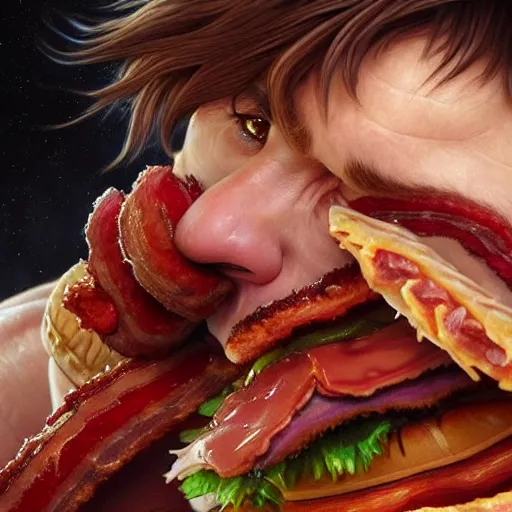 Image similar to Lionel Messi eating a mammoth Wendy's baconator, closeup, giant baconator, D&D, fantasy, intricate, elegant, highly detailed, digital painting, artstation, concept art, matte, sharp focus, illustration, art by Artgerm and Greg Rutkowski and Alphonse Mucha