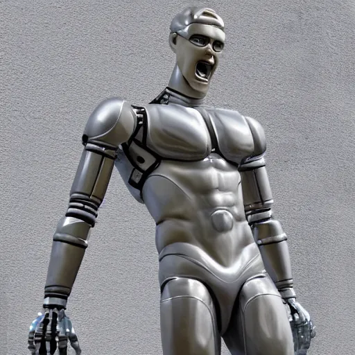 Image similar to a realistic detailed photo of a guy who is an attractive humanoid who is half robot and half humanoid, who is a male android, wrestler bryce meredith, shiny skin, posing like a statue, blank stare, by the pool, on display, showing off his muscles, humanoid robot, frozen ice statue