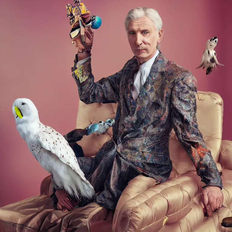 Image similar to high fashion photoshoot octane render portrait by wayne barlow and carlo crivelli and glenn fabry, a distinguished actor wearing a colorful wes anderson designed uniform and holding a snow owl inside a high - end exotic colorful pastel vintage boutique hotel lounge, very short depth of field, bokeh