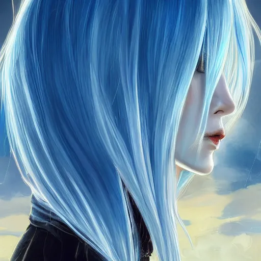 Image similar to side profile of rimuru tempest looking down with sky blue hair, long hair, gold eyes, high collar, film grain, 3 5 mm, black jacket | shiny, highly detailed, rain, professional digital painting, concept art, award - winning photography, cinematic, wlop | art by pixiv art, andy warhol, yoshitaka amano, deviantart