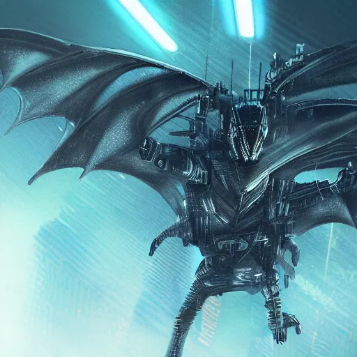 Image similar to blade runner style image of a baby cyberpunk dragon