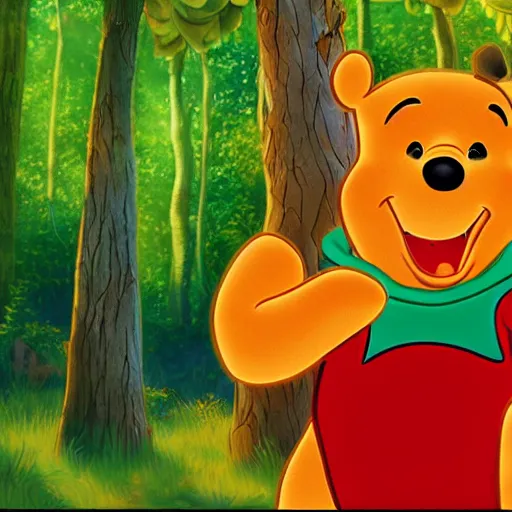 Prompt: Colored photo of winnie the pooh maniacally laughing with big sharpy teeths with bright red glowing eyes at night forest, ultra detailed, 4k