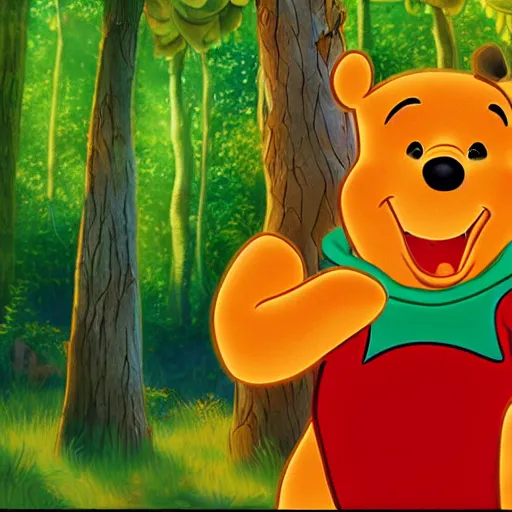 Image similar to Colored photo of winnie the pooh maniacally laughing with big sharpy teeths with bright red glowing eyes at night forest, ultra detailed, 4k