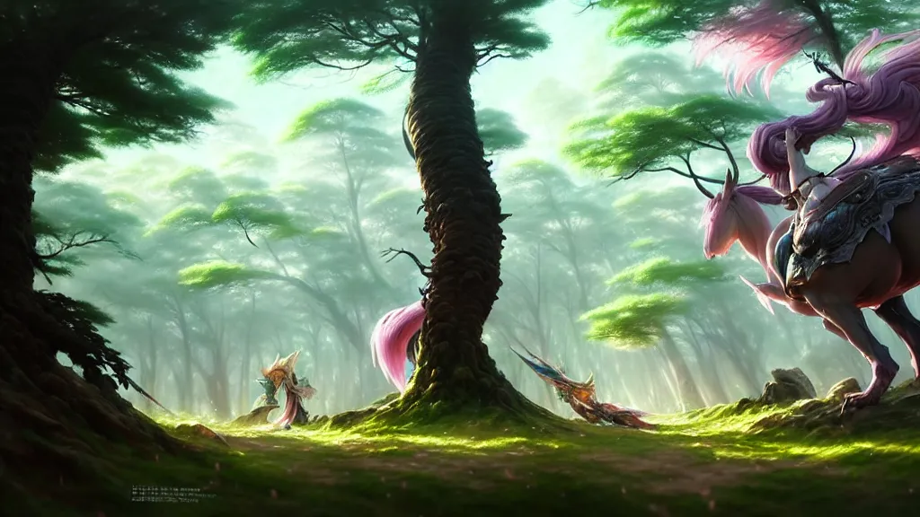 Prompt: forest landscape, pastel color tones, fantasy, elegant, highly detailed, digital painting, artstation, concept art, smooth, sharp focus, illustration, wide angle, artbook, splash art, promo art, soul calibur, league of legends, art by artgerm and greg rutkowski and bo chen and jin xiaodi