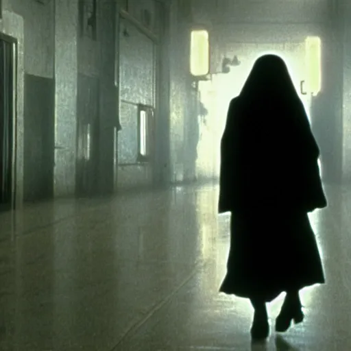 Image similar to a nun walking in the danvers state hospital. still from blade runner.