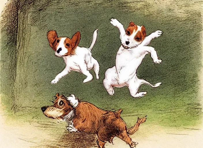 Prompt: portrait of happy jack russel terrier jumping, illustrated by peggy fortnum and beatrix potter and sir john tenniel