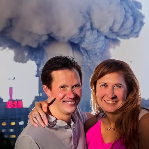 Image similar to a close up of a smiling couple of parents to be, in front of 9 / 1 1 with pink smoke, 1 2 0 mm, clear details, award winning