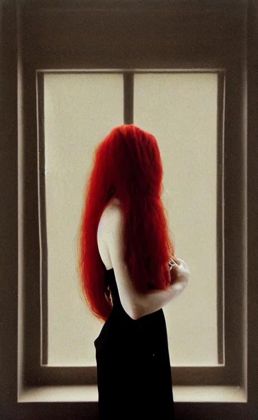 Prompt: portrait of a girl with long red hair, very beautiful style, girl standing in a black room by a window, wearing a gold suit, photorealism, deborah lou turbeville,