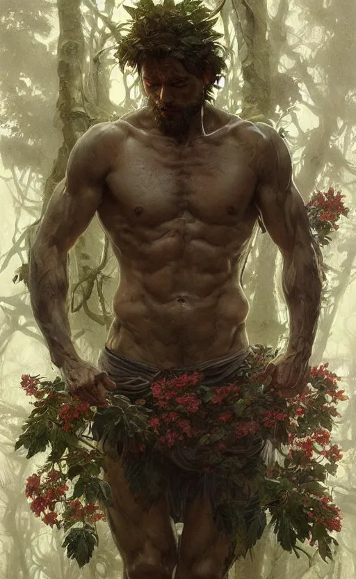 Image similar to god of the forest, 3 0 years old, rugged, handsome, male, detailed face, clean lines, atmospheric lighting, amazing, full body, thighs, flowers, muscular, intricate, highly detailed, digital painting, deviantart, concept art, sharp focus, illustration, art by greg rutkowski and alphonse mucha