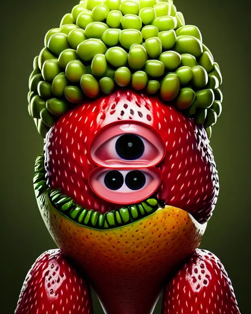 Prompt: portrait of a fruit figurine monster made of different fruit, 3 4 5 3 1, standing in a forest, staring wide open eyes, open mouth, very detailed eyes, trees in the background, sunlight, oil painting, highly detailed, dramatic lighting, hyperrealistic, 8 k, smooth, intricate, artstation, cgsociety, by artgerm, by wlop