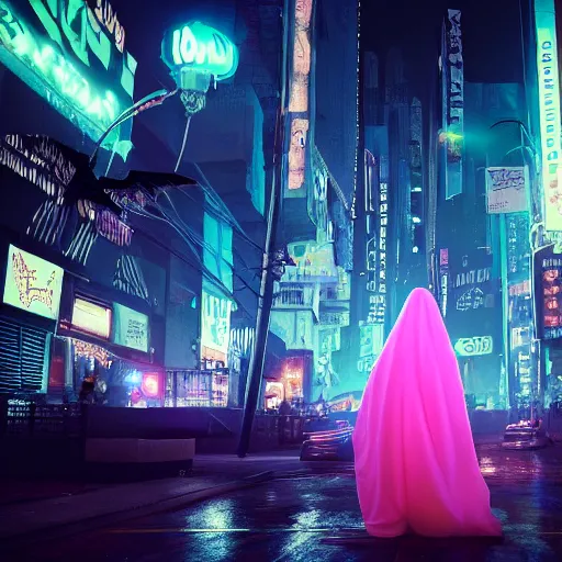 Prompt: Halloween ghost under a sheet, floating over futuristic metropolis sidewalk, at night, bright neon city lights, blade runner, trending on artstation, matte finish, volumetric lighting, 8k, 4k