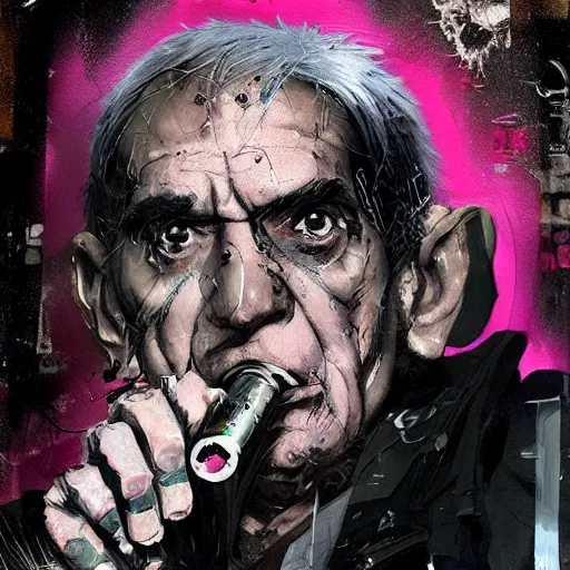 Prompt: highly detailed portrait of a moody post-cyberpunk Abe Vigoda with a lit cigar, by Dustin Nguyen, Akihiko Yoshida, Greg Tocchini, Greg Rutkowski, Cliff Chiang, 4k resolution, nier inspired, graffiti inspired, punk inspired, vibrant but dreary but upflifting lightning pink, black and white color scheme!!! ((Graffiti tag brick wall background))