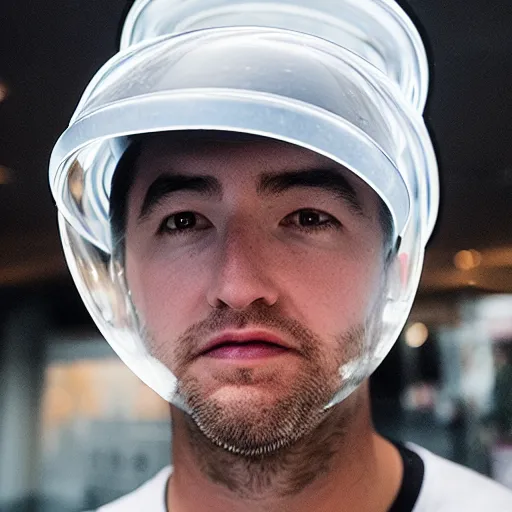 Prompt: photo of a man wearing a transparent bucket on his head