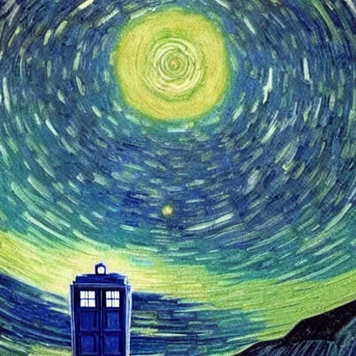 Image similar to tardis from doctor who exploding in the middle of the universe, matte painting, by van gogh