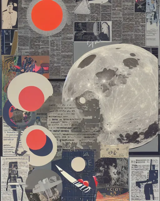 Image similar to A mid-century modern collage, made of random shapes cut from fashion and science magazines and text books, of Space Travel, landing on the moon.