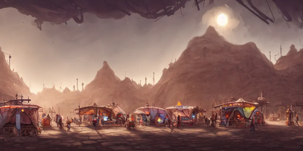 Image similar to robotic merchants in tents, trading town square, matte oil painting, retrofuturistic, concept art, quarrying, science fantasy, mutant, lgbt, queer, rpg, epic, rusted, white salt, badlands, jungles, dungeons & dragons, sacred, sharp focus, award - winning, extremely detailed, 4 k, 8 k