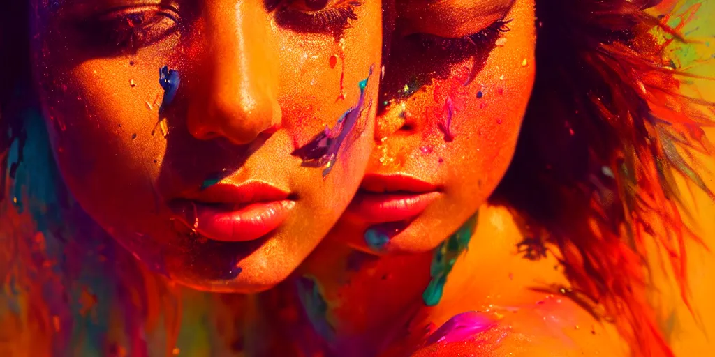 Image similar to very beautiful woman, face submerged in colorful oils, brown skin, realism, extreme detail, real life, key art, soft light, volumetric light, 3 - d shadows, photo by james jean and wlop, photoshoot