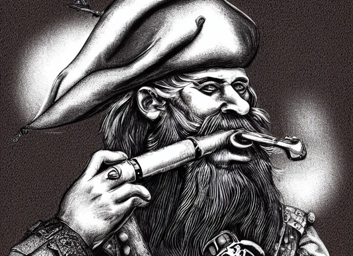 Prompt: a bearded pirate smoking a pipe, digital art