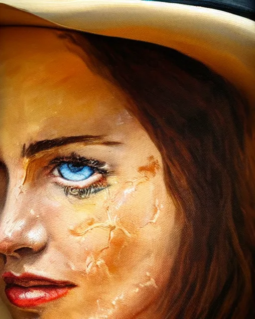 Image similar to oil painting portrait of cowgirl with burn scar exactly half of her face and one blind eye, golden ration, high production value, intricate details, high resolution, hdr, high definition, masterpiece, realistic, ultrarealistic, highly detailed, hd, sharp focus, non blurry, sharp, smooth