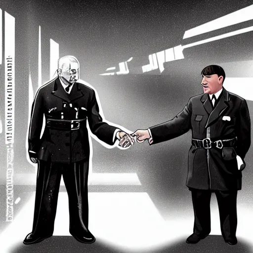 Image similar to Adolph Hitler meeting John Paul II, illustration in cyberpunk style, trending on Artstation