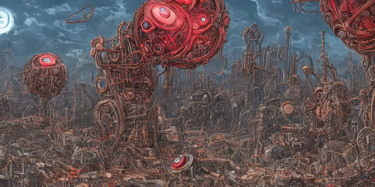 Prompt: hyper detailed comic illustration of a giant fleshy bio-mechanical machine tower with one eyeball at the top, overlooking a dystopian wasteland, bright colors with red hues