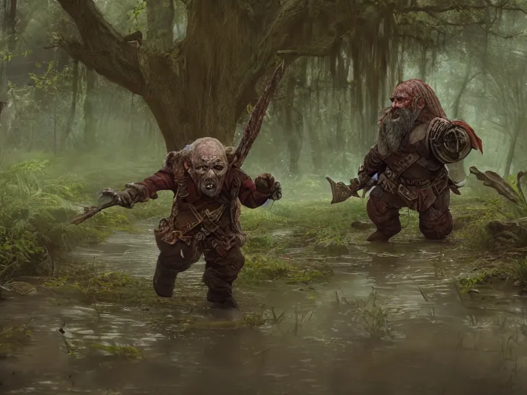 Image similar to Scaredy Cat Dwarf Ranger trips while running through Haunted Swamp, RPG Scene, Oil Painting, Trending on Artstation, octane render, Insanely Detailed, 8k, HD