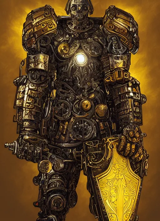 Image similar to dynamic portrait of a intricate glorious holy mechanical warforged character in yellow armor holding a paladin engraved great longsword and carrying a big paladin shield, spotlight from face , epic , trending on ArtStation, masterpiece, cinematic lighting, by Jesper Ejsing and by Philippe Druillet and by Yoann Lossel and by John Salminen