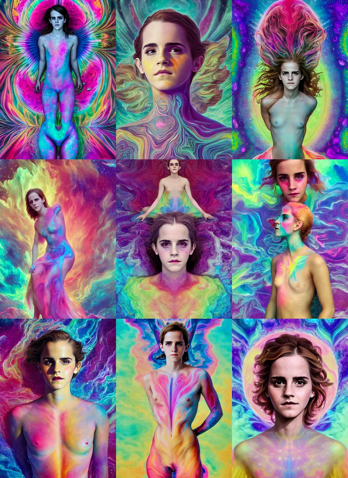 Prompt: full body Emma Watson by Jean-Baptiste Carpeaux and Luo Li Rong and Michael James Talbot as celestial goddess, all body, floating in space. perfect symmetrical face, colorful, psychedelic psychedelic psychedelic colors, fractals, fresh rainbow bodypainting, synthwave, in full growth, elegant, realistic, 8K, female full-skin figure, hyperrealism, subsurface scattering, raytracing, rim light, Octane Render, Redshift, Zbrush, H R Giger, Zdzisław Beksiński, complex psychedelic glitch background
