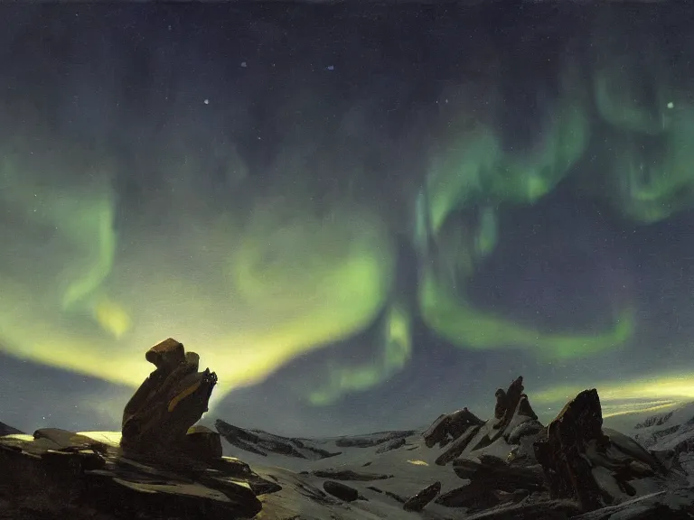 Prompt: an oil painting of a tundra on an alien planet at dusk with aurora lighting up the sky by carl spitzweg and tuomas korpi. baroque elements, full-length view. baroque element. intricate artwork by caravaggio. Trending on artstation. 8k