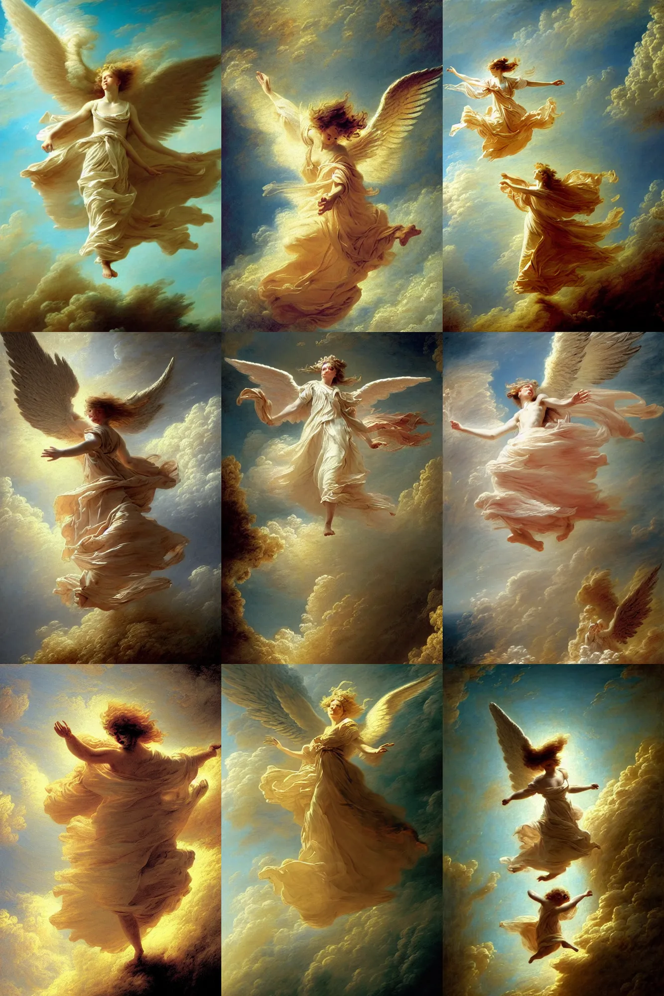 Prompt: angel flying in sky, windy, stoic, is ( ( with arms half lifted toward us ) ). light dust, magnificent, hyperdetailed, theatrical, close up, masterpiece, painted by jean honore fragonard and greg rutkowski