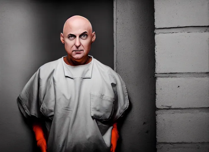 Image similar to photo of bald!!! donald trump!!! donald trump trump shaved head no hair!!! no hair!!! old white pasty skin sitting in a jail cell!!! wearing an!!! orange jumpsuit!!!, defocused bars in the foreground, 8 k, 8 5 mm f 1. 8