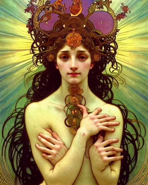 Image similar to goddess of nature, unusual beauty, emotionally evoking symbolic metaphors, head in focus, fantasy, ornamental, intricate, elegant, sensual, highly detailed digital painting, artstation, concept art, painterly, golden ratio, sharp focus, illustration, art by Alphonse Mucha and Zdzisław Beksiński,