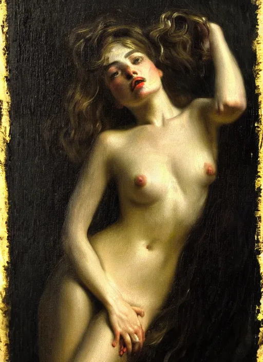 Image similar to highly detailed oil painting | very intricate | cinematic lighting | black, white and gold color scheme, dark background | the mist of the mistic by beethoven | by roberto ferri, by gustav moreau, by singer sargent and klimt, american romanticism, occult art | by austin osman spare, artstation, cgsociety, official art, octane