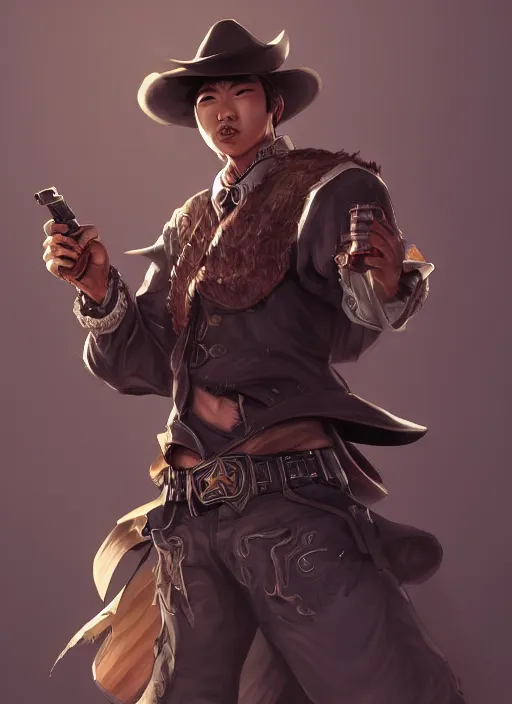 Image similar to a highly detailed illustration of korean man as cowboy wearing black cowboy hat, dramatic wielding gun pose, perfect face, intricate, elegant, highly detailed, centered, digital painting, artstation, concept art, smooth, sharp focus, league of legends concept art, wlop