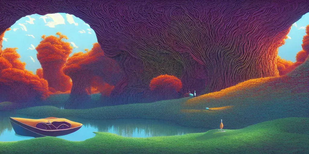 Prompt: breathtakingly beautiful ultrawide angle colour masterpiece dream by roger dean and greg hildebrandt and kilian eng and jean giraud and beeple and studio ghilbi, mushroom forest arch lake reflection mansion boat, incredible sense of depth and perspective and clarity, weird abstract, 8 k