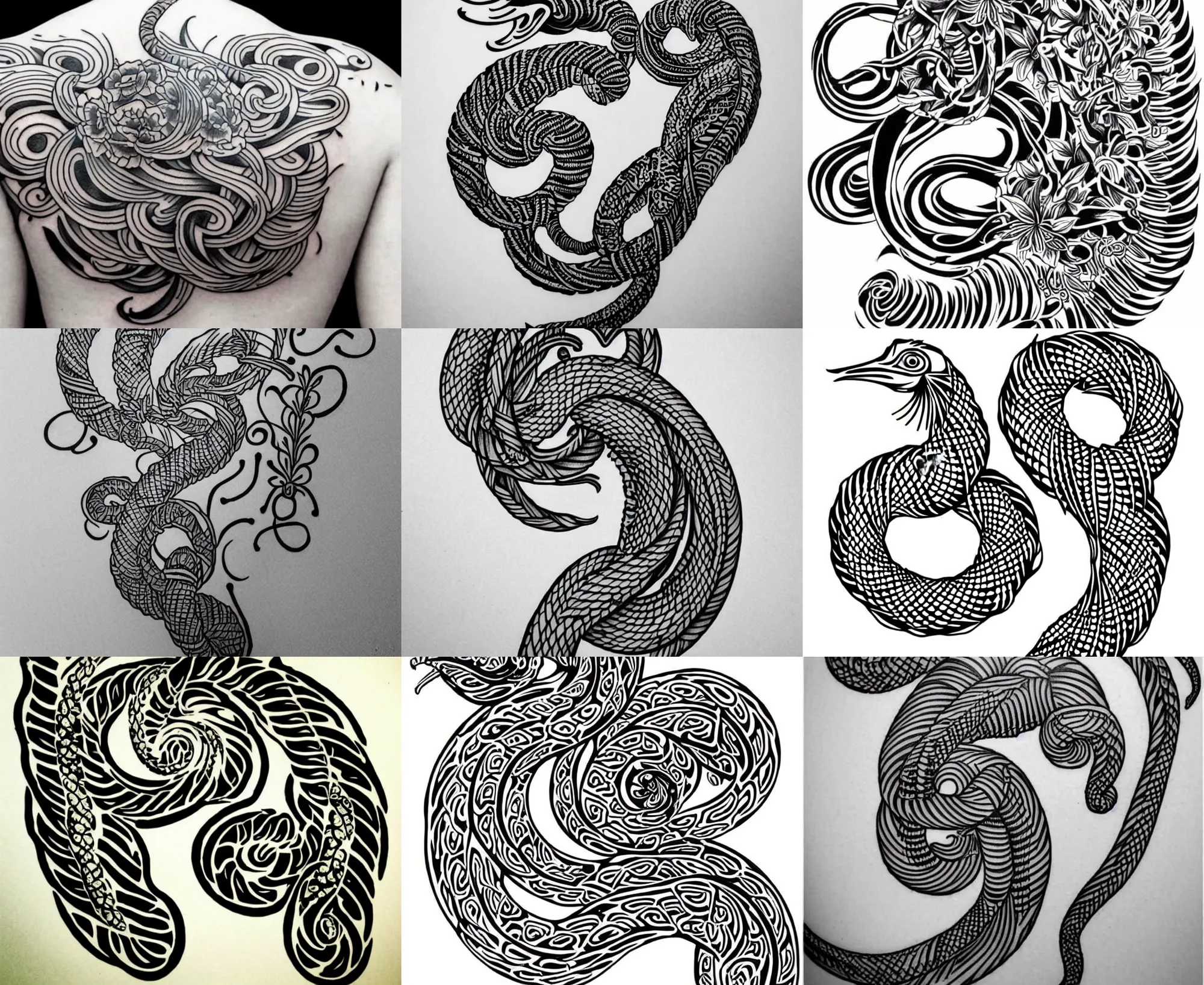 Prompt: detailed amazing tattoo stencil of a floral small coiled cobra